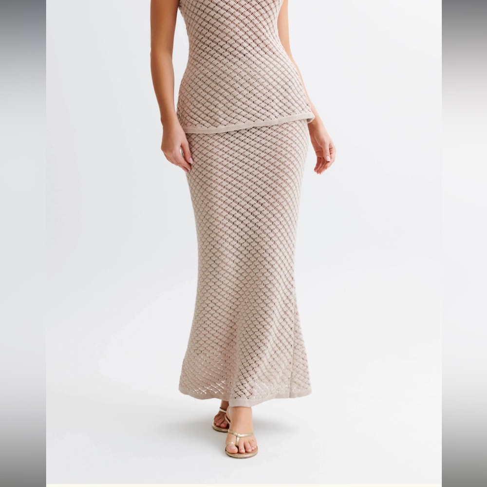 Meshki Tan Ribbed Trumpet Maxi Skirt
